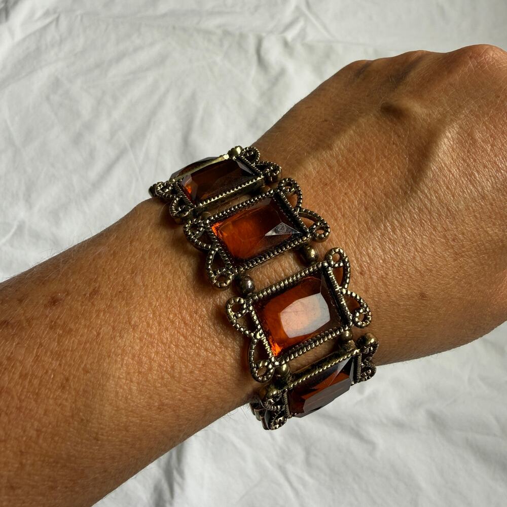 Vintage Gold Tone Stretch Bracelet Brown Stone Victorian Statement Retro